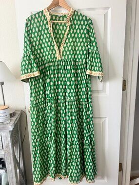 Boho Green Block Print Tiered Midi Dress Cotton India Free Size